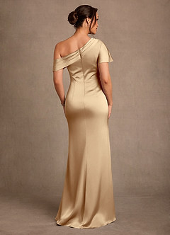 Azazie Rutha At-home Try On Dresses Champagne Sheath One Shoulder Stretch Satin Dress image2
