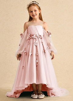 Azazie Karrie Robe Demoiselle D'honneur Fillette Robe Trapèze en Tulle avec manches Rose Pâle image1