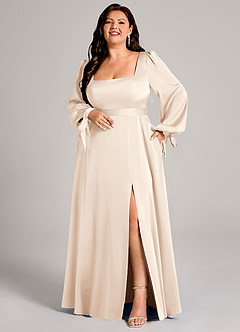 Azazie Leonia Bridesmaid Dresses White Alabaster A-Line Long Sleeve Stretch Satin Dress image8