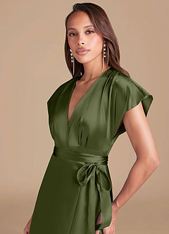 Azazie Nico Bridesmaid Dresses Olive A-Line Pleated Metallic Satin Dress image2