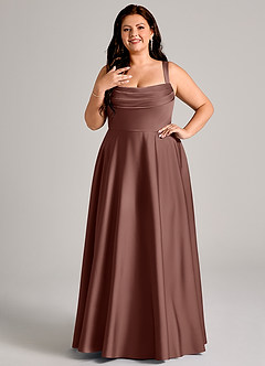 Azazie Shaude Bridesmaid Dresses Espresso A-Line Pleated Stretch Satin Dress image8