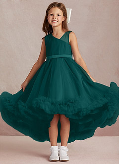 Azazie Lottie Flower Girl Dresses Peacock A-Line One Shoulder Satin Dress image1