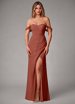 Azazie Haisley Bridesmaid Dresses Auburn Sheath Off the Shoulder Chiffon Convertible Dress image4