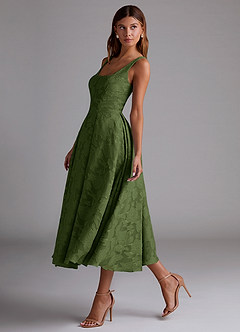 Azazie Amalie Bridesmaid Dresses Olive A-Line Pleated Floral Burnout Dress image4