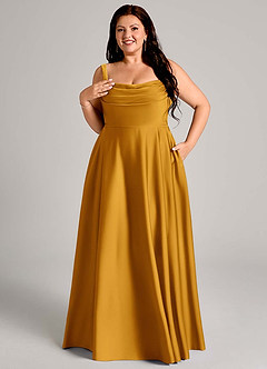 Azazie Shaude Bridesmaid Dresses Butterscotch A-Line Pleated Stretch Satin Dress image11