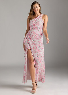 Azazie Maive Bridesmaid Dresses Abstract Watercolor Floral Sheath Pleated Ruffle Chiffon Dress image1