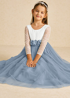 Azazie Mae vestidos de niña de las flores Vestido de Marfil Azul Polvoriento de Tul de Corte En A con Lazo image1