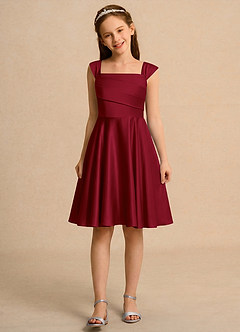 Azazie Budle Girls Formal Flower Girl Dresses Burgundy A-Line Pleated Matte Satin Dress image4