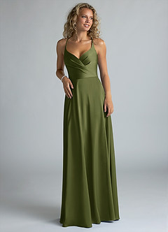 Azazie Davis Robes de demoiselle d'honneur Robe Trapèze en Satin extensible Plissée Olive image4