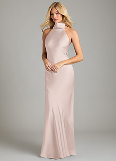 Azazie Velli Bridesmaid Dresses Blushing Pink Mermaid High Neck Stretch Satin Dress image1
