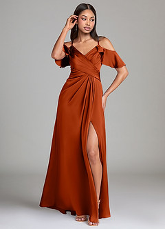 Azazie Dakota Bridesmaid Dresses Paprika A-Line Off the Shoulder Stretch Satin Dress image4