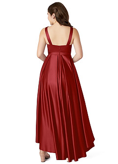 Azazie Inaya Junior Pomegranate A-Line with Belt Stretch Satin Dress image2