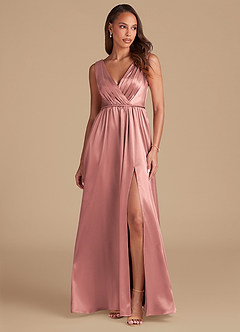Azazie Tanicia Bridesmaid Dresses Dusty Rose A-Line Pleated Metallic Satin Dress image1