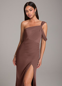 Azazie Wynter Bridesmaid Dresses Espresso Sheath Off the Shoulder Chiffon Dress image7