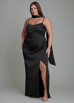 Azazie Calandra Bridesmaid Dresses Black Sheath Pleated Stretch Satin Dress image6