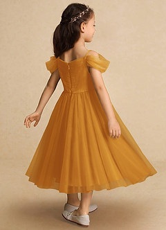 Azazie Lizzette Flower Girl Dresses Butterscotch A-Line Ruched Tulle Dress image2