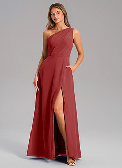 Azazie Phaedra Bridesmaid Dresses Rust A-Line One Shoulder Chiffon Dress image3