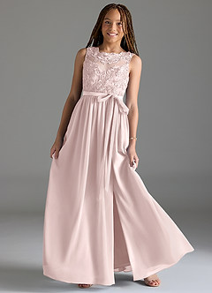 Azazie Elly Junior Jurk van Chiffon met A-Lijn Kant Blozend Roze image1