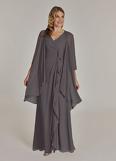 Azazie Manuella vestidos de madre de la novia Vestido de Gris Acero de Gasa de Corte En A con Cuello en V plisado image1