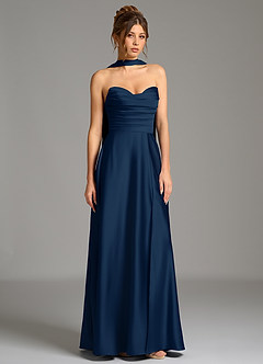 Azazie Ayla Vestidos de damas de honor Vestido Azul Marino Oscuro de Satén Elástico de Línea A con Corsé image4