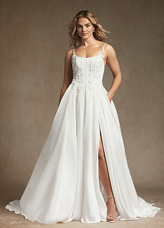 Azazie Sariah Vestidos de novia Vestido de Diamante Blanco de Satén Elástico de Corte en A con Encaje image4
