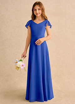 Azazie Nari Girls Formal Flower Girl Dresses Royal Blue A-Line with Sleeves Chiffon Dress image4