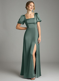 Azazie Fyona Bridesmaid Dresses Sea Moss A-Line Pleated Stretch Satin Dress image3