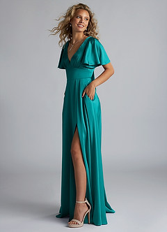 Azazie Kimber Bridesmaid Dresses Teal A-Line Ruched Stretch Satin Dress image6
