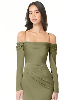 Azazie Hallie Bridesmaid Dresses Pistachio Sheath Off-The-Shoulder Long Sleeve Stretch Satin Convertible Dress image2