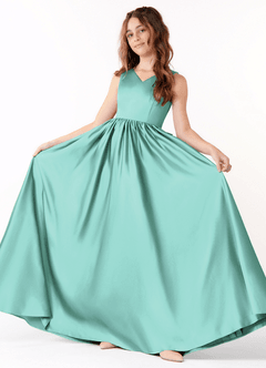 Azazie Hathaway Junior Aqua A-Line Bow Stretch Satin Dress image2