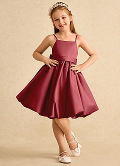 Azazie Davine Flower Girl Dresses Pomegranate A-Line Spaghetti Strap Matte Satin Dress image3