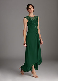 Azazie Endora At-home Try On Dresses Dark Green A-Line Scoop Lace Chiffon Dress image3