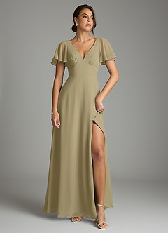 Azazie Kimber Bridesmaid Dresses Moss Green A-Line Flounce Sleeve Chiffon Dress image2