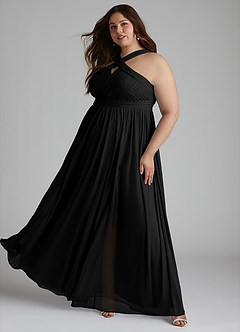 Azazie Hillian Bridesmaid Dresses Black A-Line Halter Pleated Mesh Dress image11