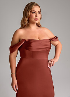 Azazie Saige Bridesmaid Dresses Terracotta Sheath Off the Shoulder Stretch Satin Dress image14