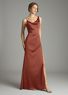 Azazie Samara Robes de demoiselle d'honneur Robe Sirène en Satin extensible Plissée Auburn image4