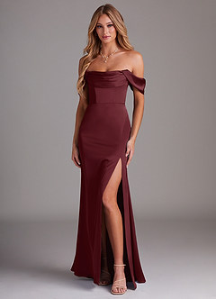 Azazie Saige Robes de demoiselle d'honneur Robe Fourreau en Satin extensible Épaule décolletée Cabernet image5