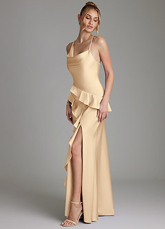 Azazie Jayda Bridesmaid Dresses Champagne A-Line Ruched Stretch Satin Dress image5