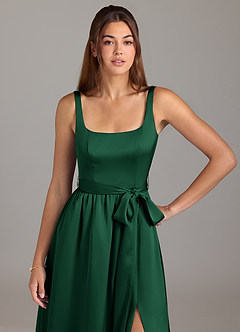 Azazie Elliott Bridesmaid Dresses Dark Green A-Line with Pockets Stretch Satin Dress image2
