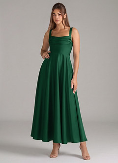 Azazie Shaude 신부 들러리 드레스 A라인 주름진 스트레치 새틴 발목 길이 드레스 image1