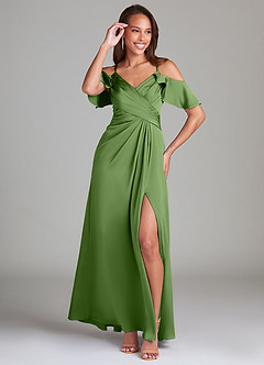 Azazie Dakota Bridesmaid Dresses Basil A-Line Off the Shoulder Stretch Satin Dress image4