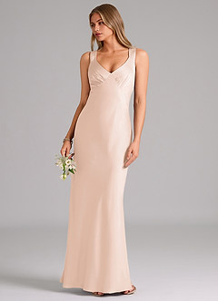 Azazie Kamila Bridesmaid Dresses Blushing Pink A-Line Pleated Stretch Satin Dress image5
