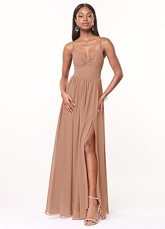 Azazie Zeya At-home Try On Dresses Champagne Rose A-Line V-Neck Pleated Chiffon Dress image1