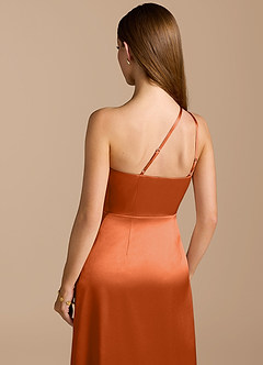 Azazie Trina Bridesmaid Dresses Burnt Orange A-Line One Shoulder Metallic Satin Dress image2