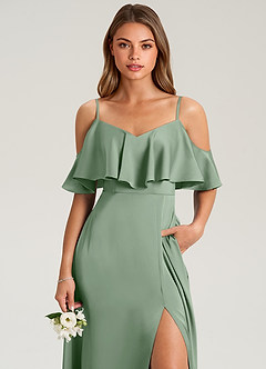 Azazie Jean Vestidos de damas de honor Vestido de Matcha de Satén Elástico de Corte en A con Vestidos sin tirantes image6