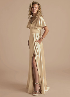 Azazie Kimber Bridesmaid Dresses Champagne A-Line Ruched Metallic Satin Dress image3