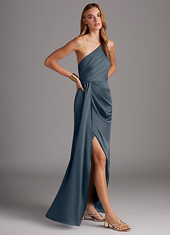 Azazie Mika Vestidos de damas de honor Vestido de Crepúsculo de Satén Elástico de Corte Recto con Hombro unilateral image4