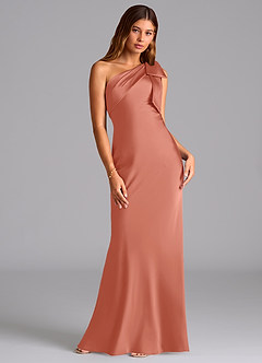 Azazie Yuanna Bridesmaid Dresses Salmon Pink Mermaid One Shoulder Stretch Satin Dress image3