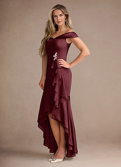Azazie Billings Mother of the Bride Dresses Cabernet Mermaid Off the Shoulder Stretch Satin Dress image2