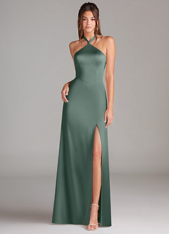 Azazie Elliana Bridesmaid Dresses Sea Moss A-Line Side Slit Stretch Satin Dress image4